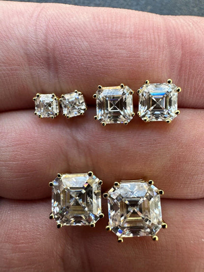 HarlemBling Real Iced Moissanite Stud Earrings Asscher Cut 14k Gold Over 925 Silver 4mm-8mm