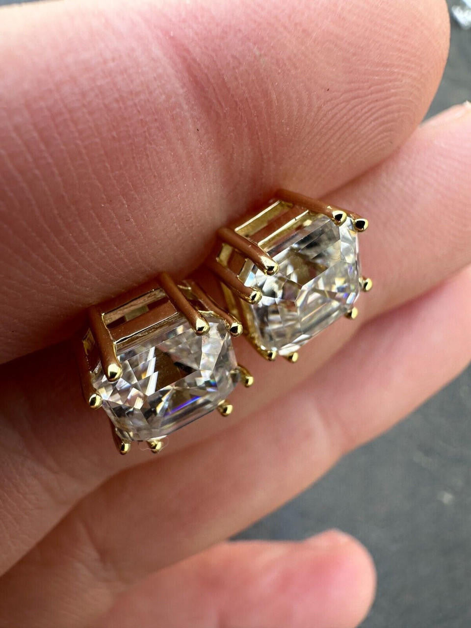 HarlemBling Real Iced Moissanite Stud Earrings Asscher Cut 14k Gold Over 925 Silver 4mm-8mm