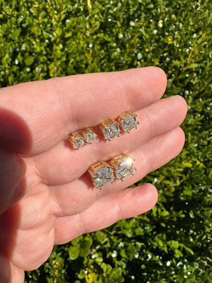 HarlemBling Real Iced Moissanite Stud Earrings Asscher Cut 14k Gold Over 925 Silver 4mm-8mm