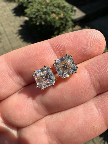 HarlemBling Real Iced Moissanite Stud Earrings Asscher Cut 14k Gold Over 925 Silver 4mm-8mm