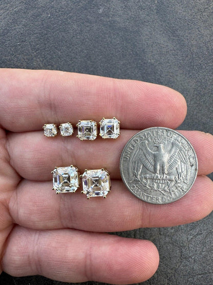 HarlemBling Real Iced Moissanite Stud Earrings Asscher Cut 14k Gold Over 925 Silver 4mm-8mm