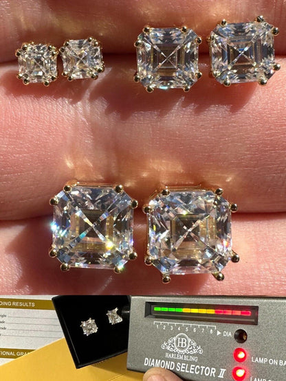 HarlemBling Real Iced Moissanite Stud Earrings Asscher Cut 14k Gold Over 925 Silver 4mm-8mm