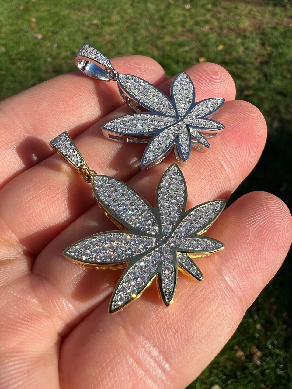 HarlemBling Real Iced VVS MOISSANITE 925 Silver/Gold Plated Marijuana Weed Pendant Necklace
