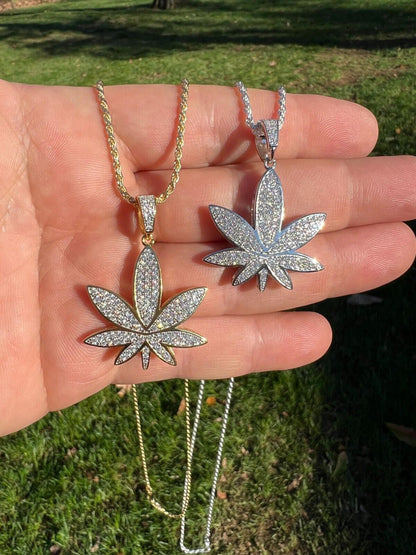 HarlemBling Real Iced VVS MOISSANITE 925 Silver/Gold Plated Marijuana Weed Pendant Necklace