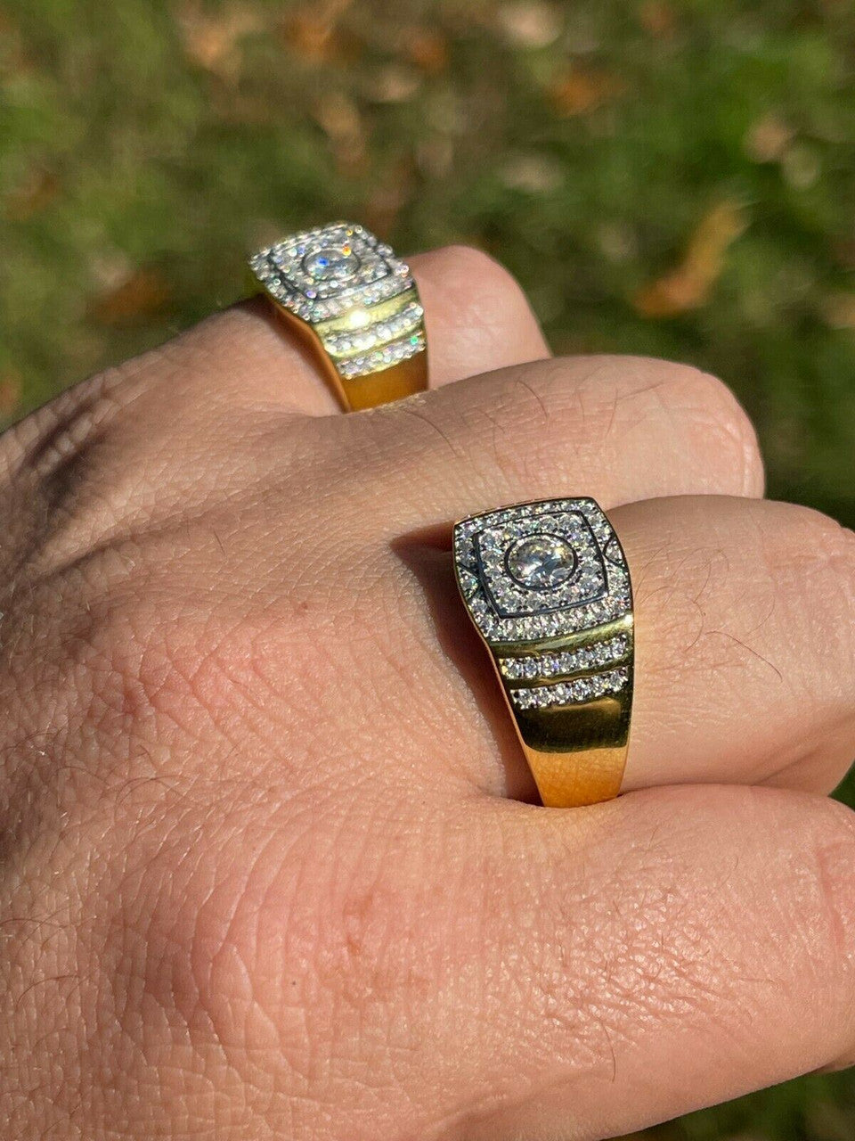 HarlemBling Real Mens Hip Hop Out Iced Moissanite Ring 14k Gold Vermeil Passes Diamond Test