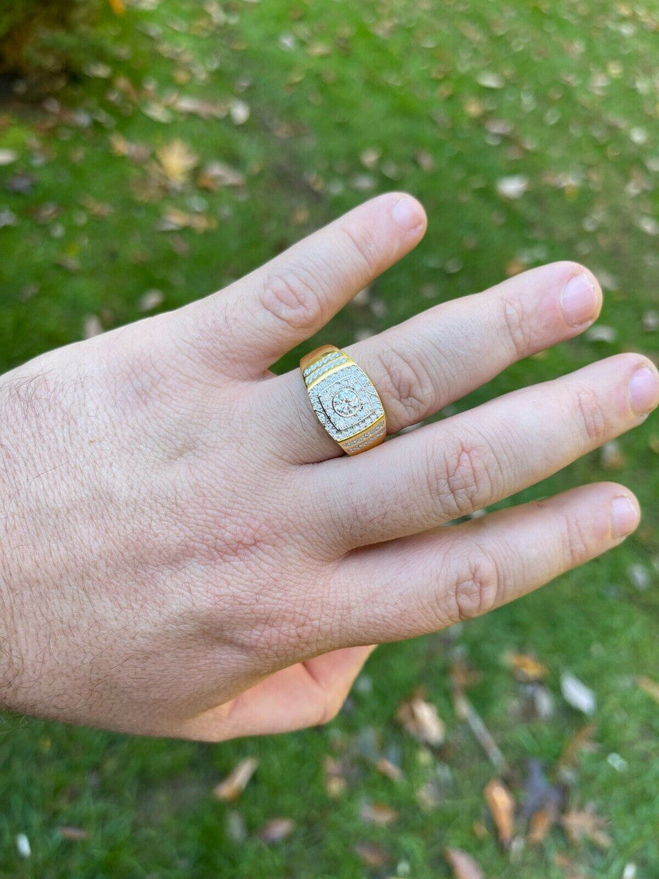 HarlemBling Real Mens Hip Hop Out Iced Moissanite Ring 14k Gold Vermeil Passes Diamond Test