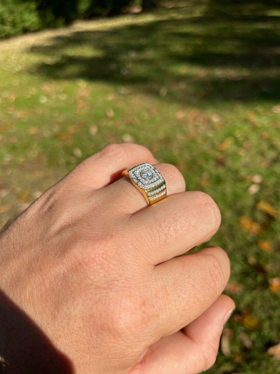 HarlemBling Real Mens Hip Hop Out Iced Moissanite Ring 14k Gold Vermeil Passes Diamond Test