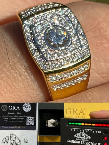 HarlemBling Real Mens Hip Hop Out Iced Moissanite Ring 14k Gold Vermeil Passes Diamond Test