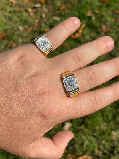 HarlemBling Real Mens Hip Hop Out Iced Moissanite Ring 14k Gold Vermeil Passes Diamond Test
