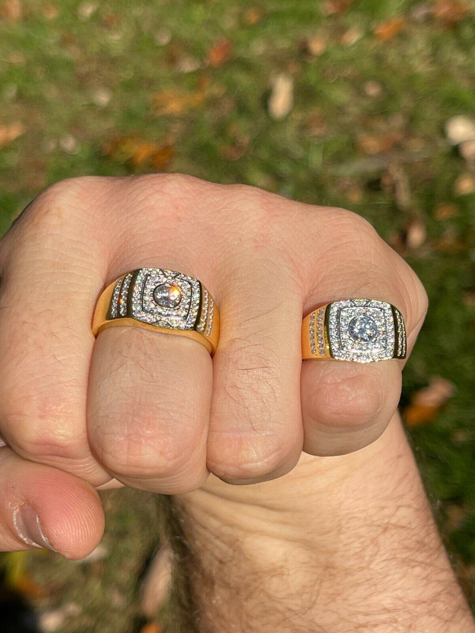 HarlemBling Real Mens Hip Hop Out Iced Moissanite Ring 14k Gold Vermeil Passes Diamond Test