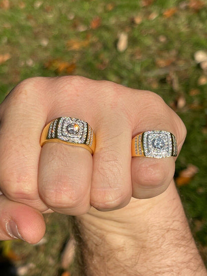HarlemBling Real Mens Hip Hop Out Iced Moissanite Ring 14k Gold Vermeil Passes Diamond Test