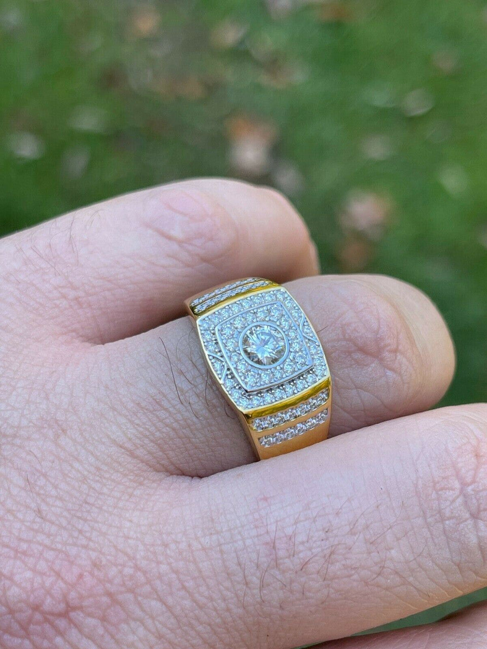 HarlemBling Real Mens Hip Hop Out Iced Moissanite Ring 14k Gold Vermeil Passes Diamond Test