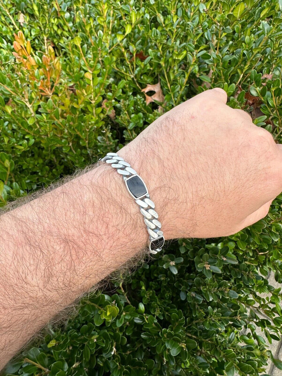 HarlemBling Real Mens Miami Cuban Link Bracelet W. Black Onyx Gemstone 925 Sterling Silver