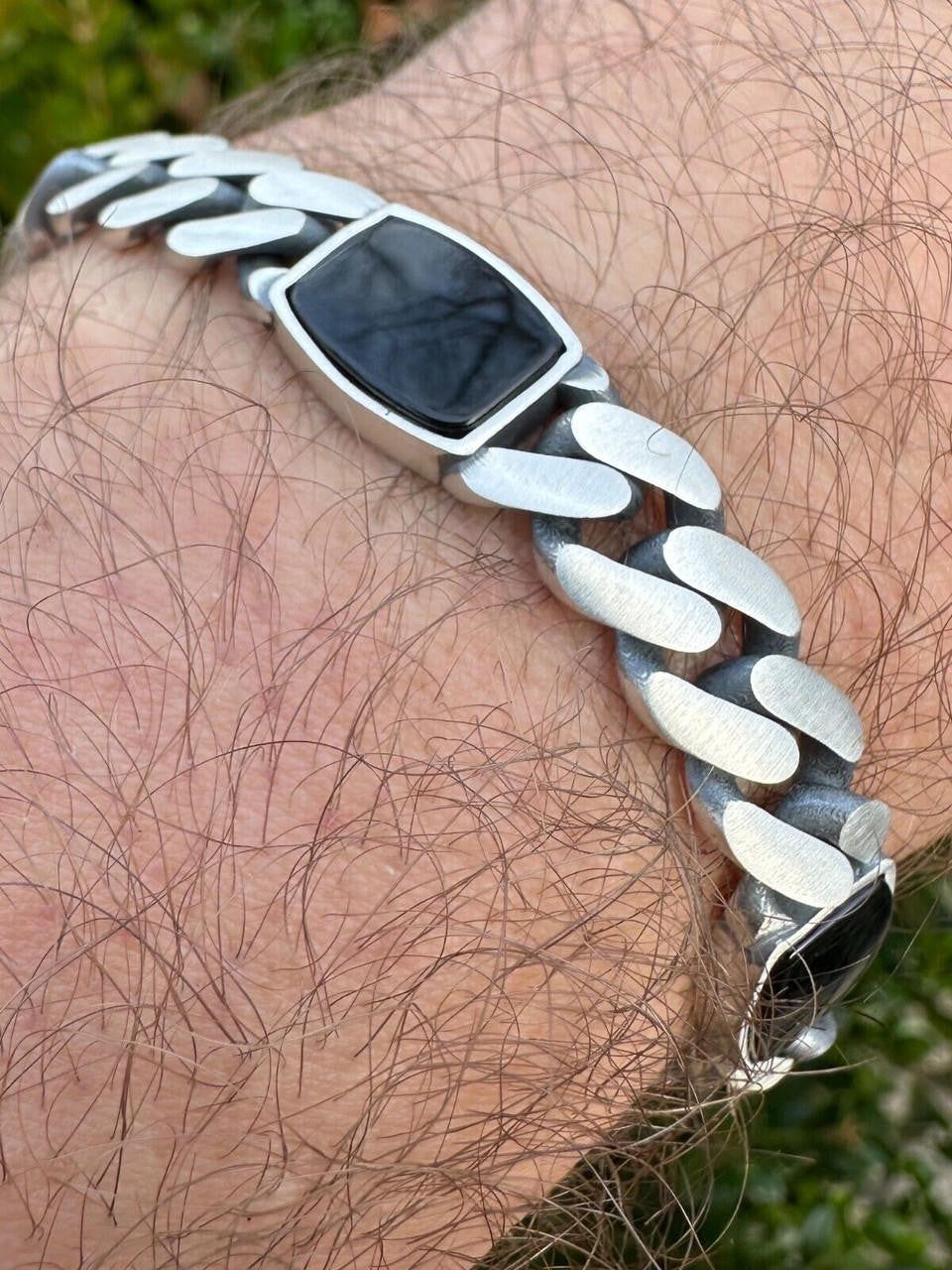 HarlemBling Real Mens Miami Cuban Link Bracelet W. Black Onyx Gemstone 925 Sterling Silver