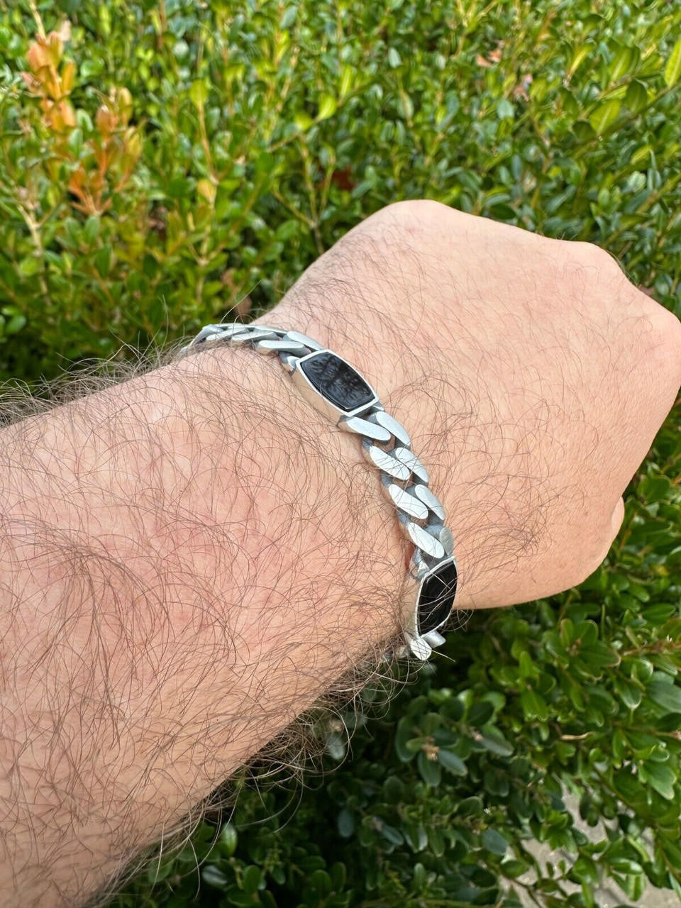 HarlemBling Real Mens Miami Cuban Link Bracelet W. Black Onyx Gemstone 925 Sterling Silver