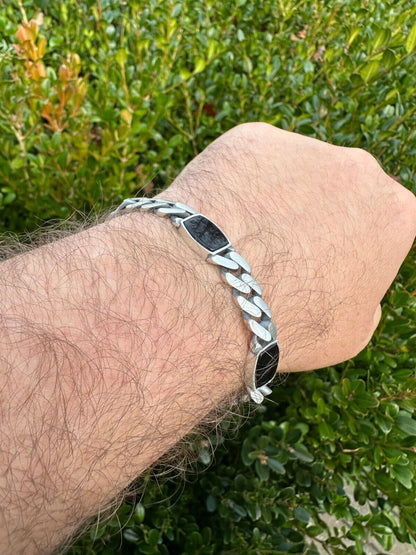 HarlemBling Real Mens Miami Cuban Link Bracelet W. Black Onyx Gemstone 925 Sterling Silver