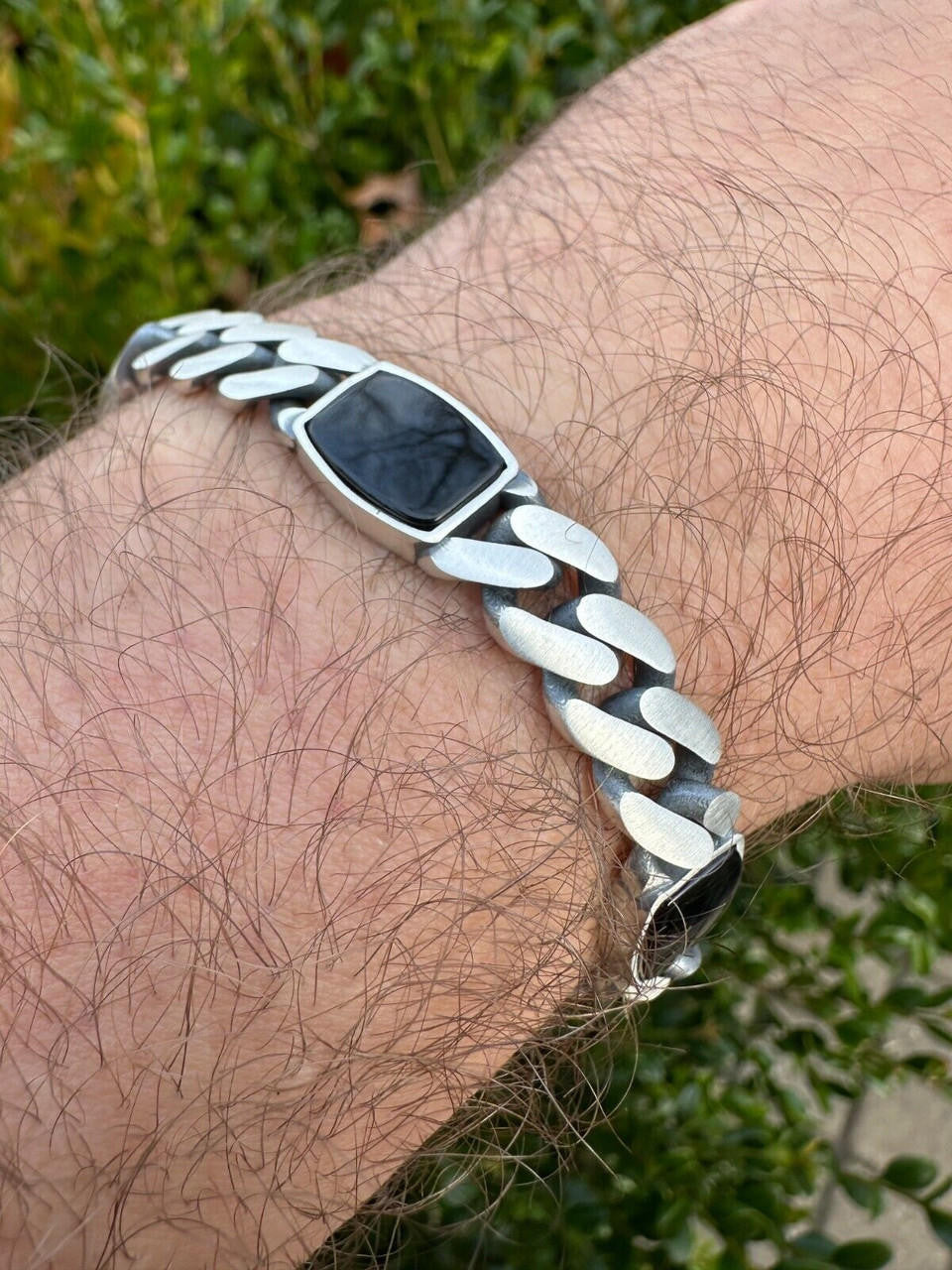 HarlemBling Real Mens Miami Cuban Link Bracelet W. Black Onyx Gemstone 925 Sterling Silver