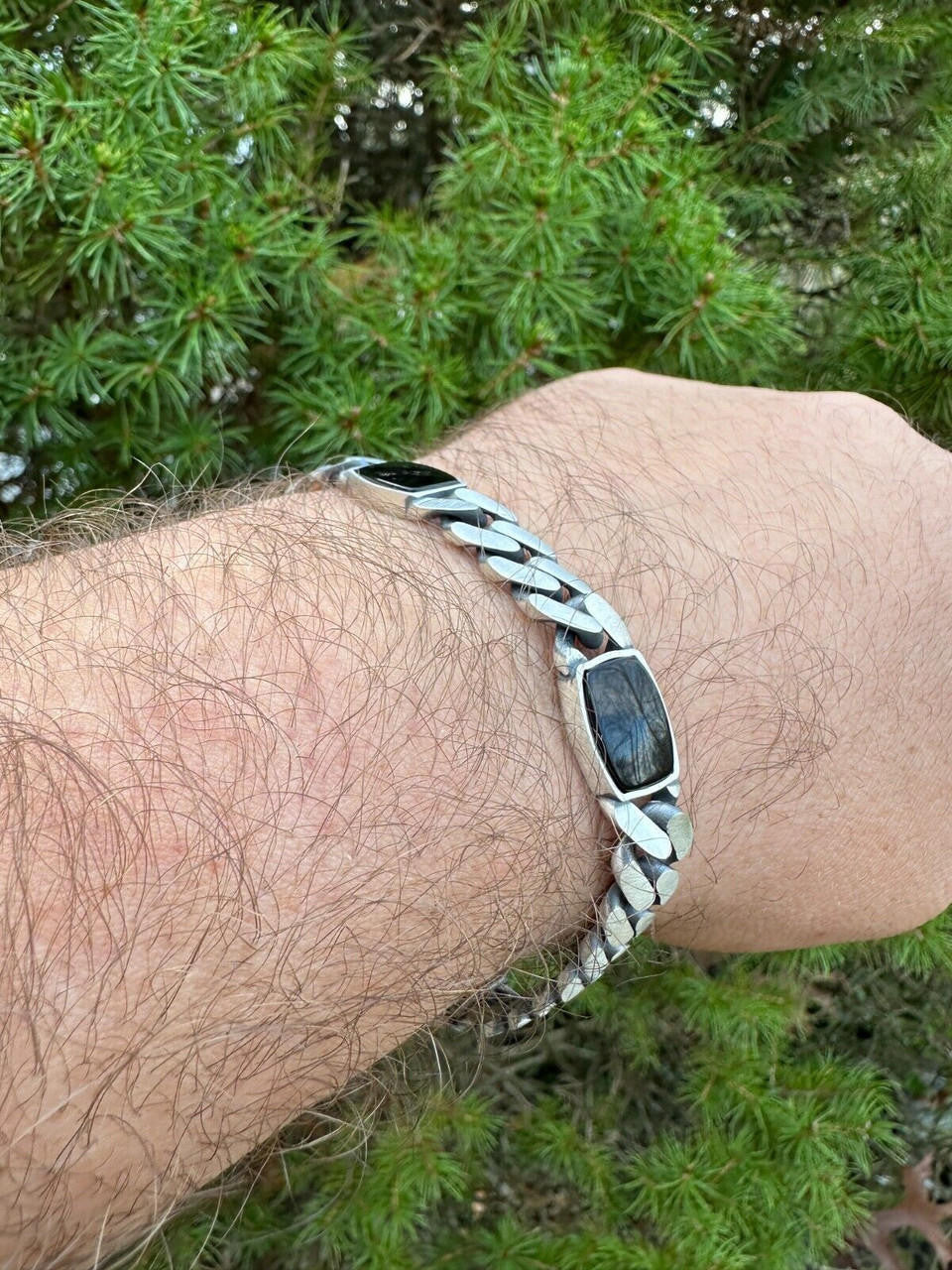 HarlemBling Real Mens Miami Cuban Link Bracelet W. Black Onyx Gemstone 925 Sterling Silver