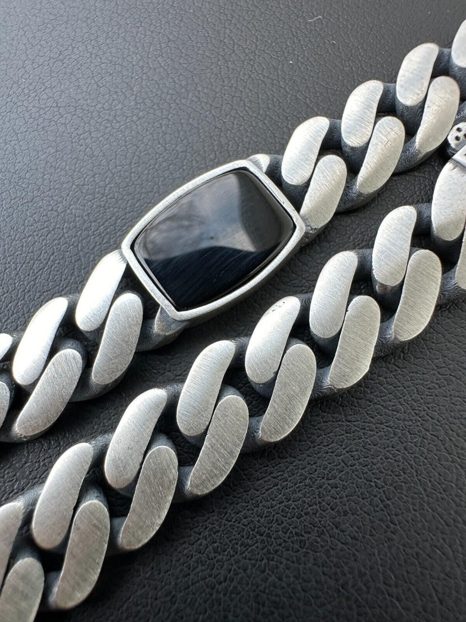 HarlemBling Real Mens Miami Cuban Link Bracelet W. Black Onyx Gemstone 925 Sterling Silver