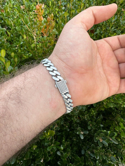 HarlemBling Real Mens Miami Cuban Link Bracelet W. Black Onyx Gemstone 925 Sterling Silver