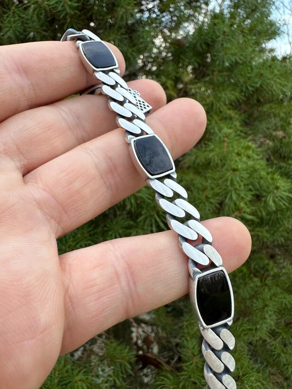 HarlemBling Real Mens Miami Cuban Link Bracelet W. Black Onyx Gemstone 925 Sterling Silver