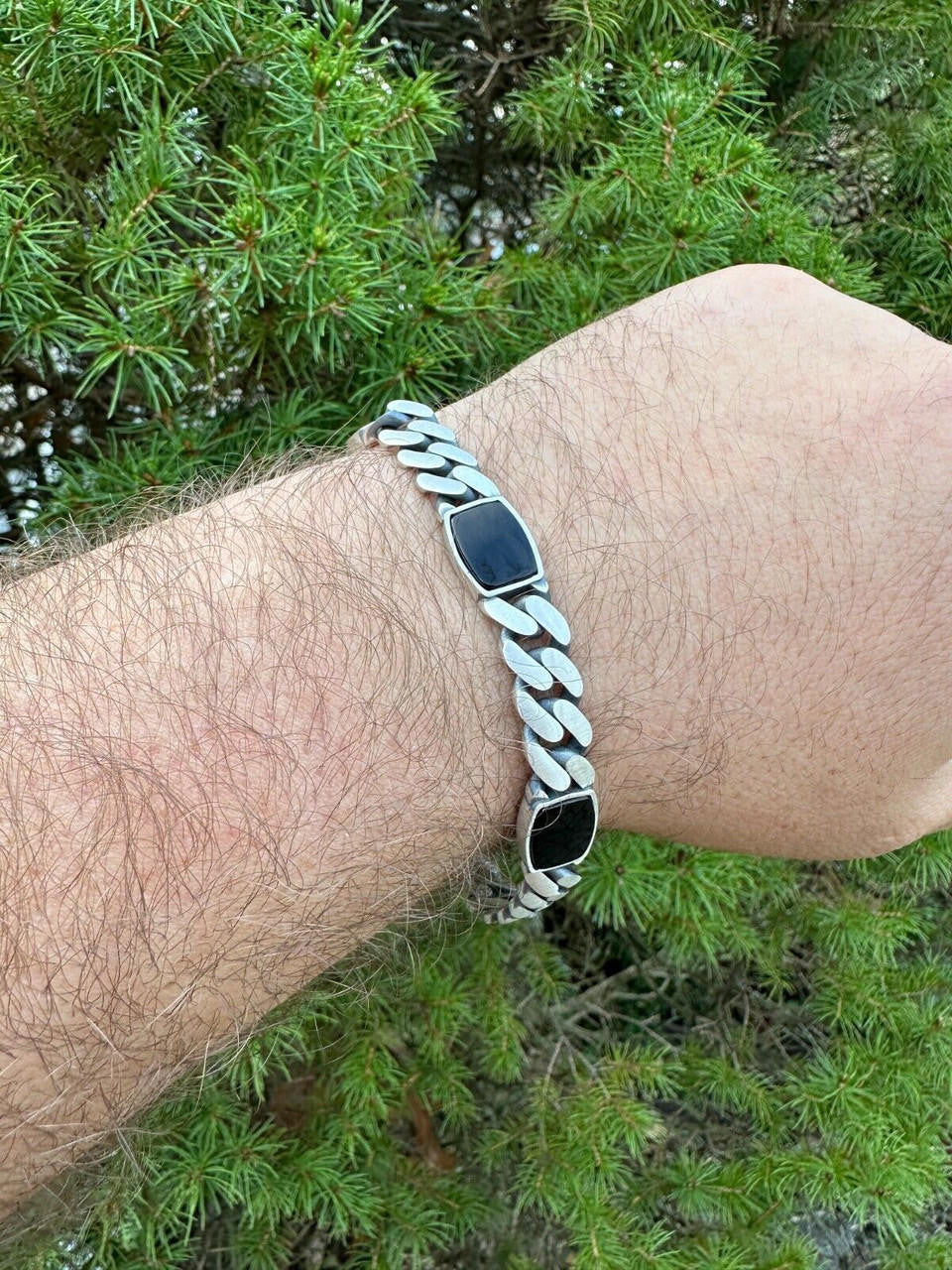 HarlemBling Real Mens Miami Cuban Link Bracelet W. Black Onyx Gemstone 925 Sterling Silver