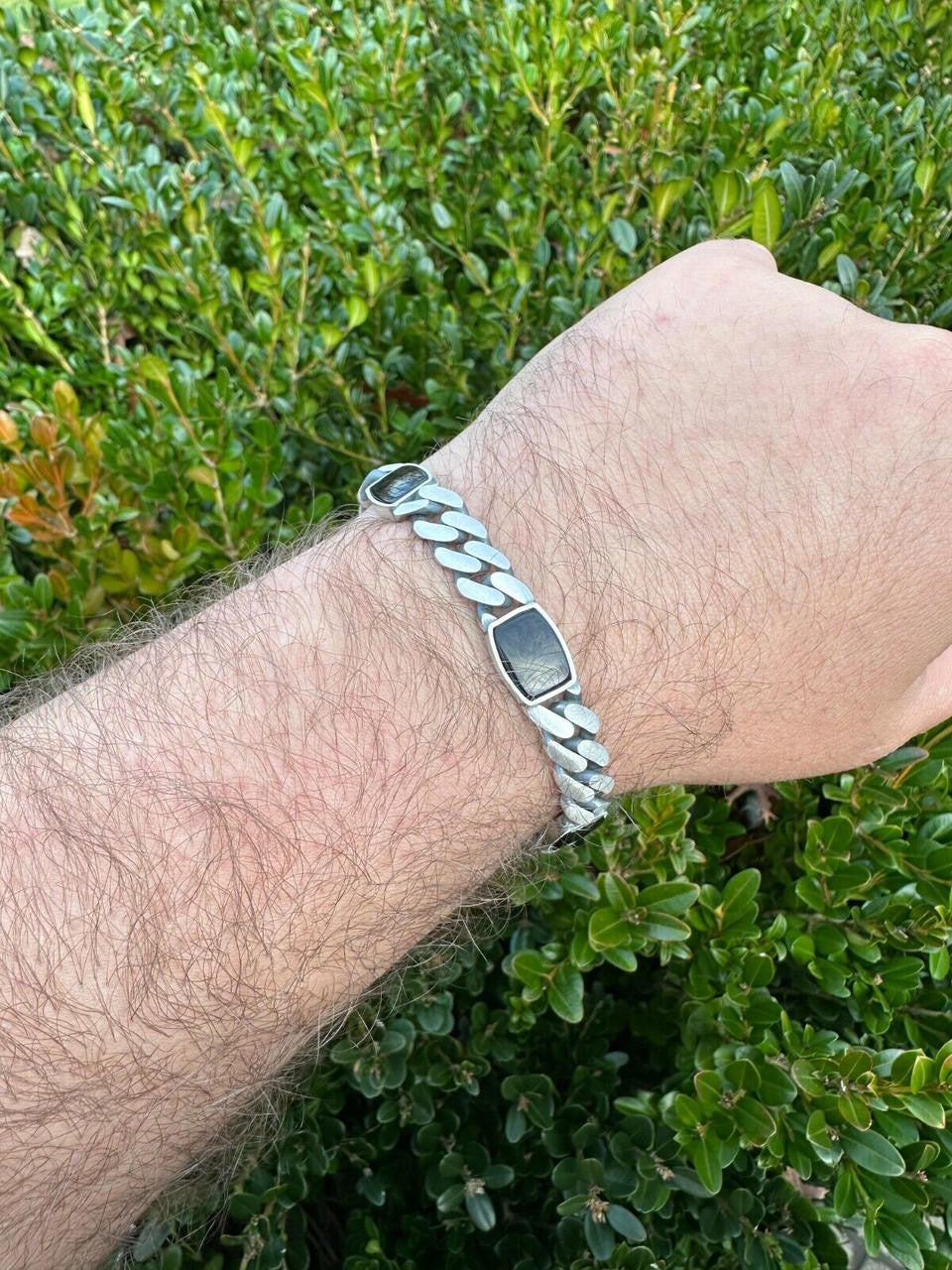 HarlemBling Real Mens Miami Cuban Link Bracelet W. Black Onyx Gemstone 925 Sterling Silver