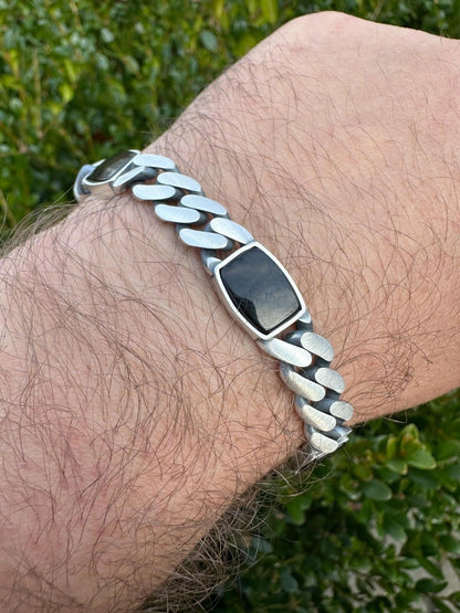 HarlemBling Real Mens Miami Cuban Link Bracelet W. Black Onyx Gemstone 925 Sterling Silver