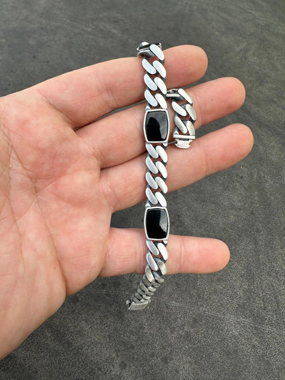 HarlemBling Real Mens Miami Cuban Link Bracelet W. Black Onyx Gemstone 925 Sterling Silver