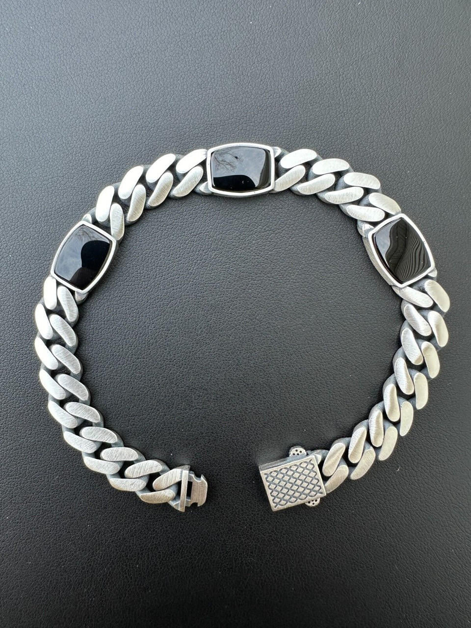 HarlemBling Real Mens Miami Cuban Link Bracelet W. Black Onyx Gemstone 925 Sterling Silver