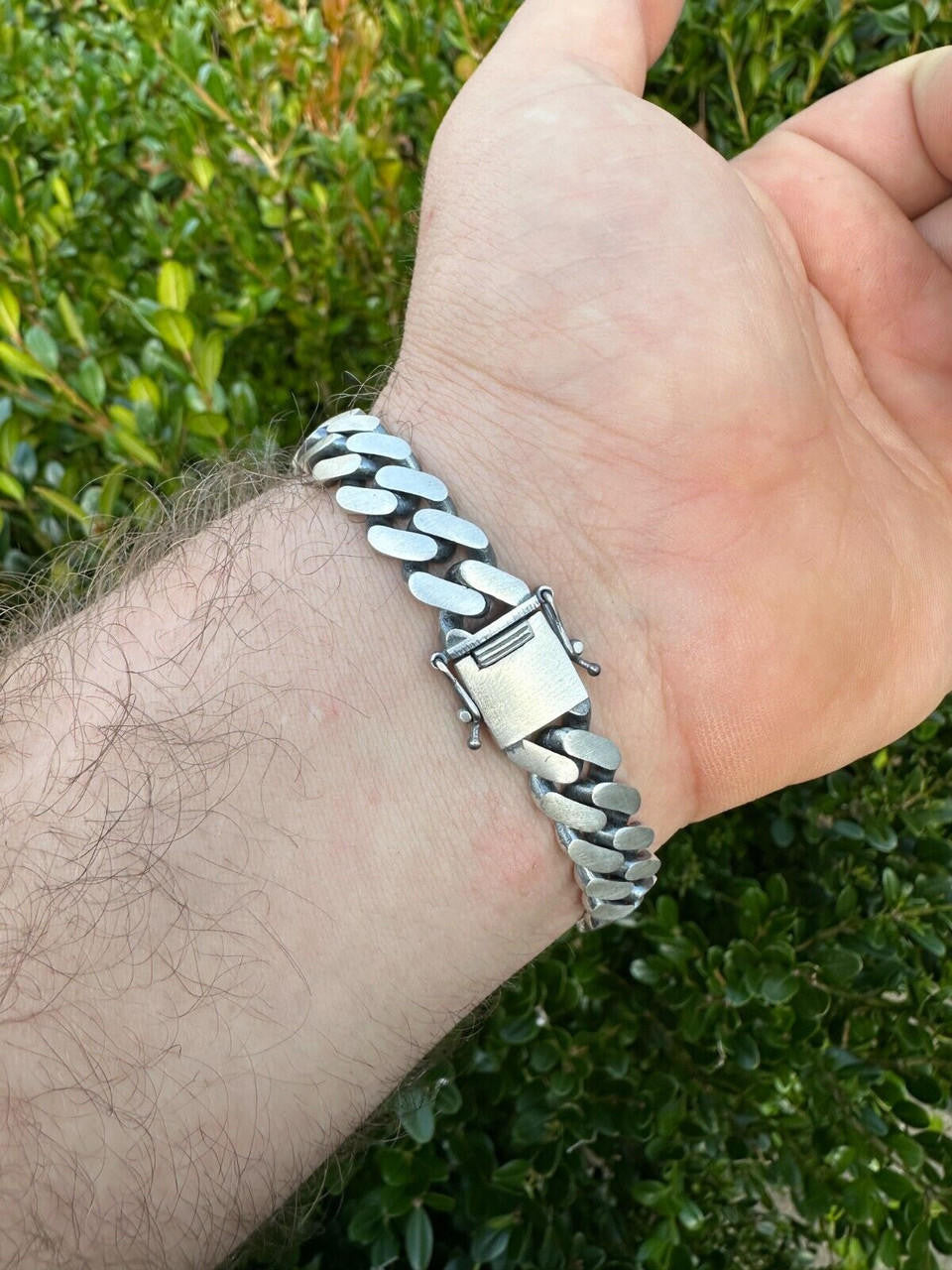 HarlemBling Real Mens Miami Cuban Link Bracelet W. Lion Solid 925 Sterling Silver Box Clasp