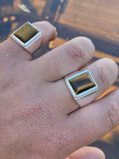 HarlemBling Real Mens Solid 925 Sterling Silver Tigers Eye Signet Ring Sz 7 8 9 10 11 12 13