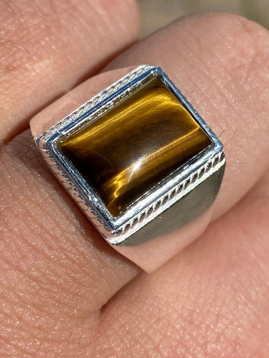 HarlemBling Real Mens Solid 925 Sterling Silver Tigers Eye Signet Ring Sz 7 8 9 10 11 12 13