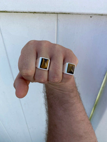 HarlemBling Real Mens Solid 925 Sterling Silver Tigers Eye Signet Ring Sz 7 8 9 10 11 12 13