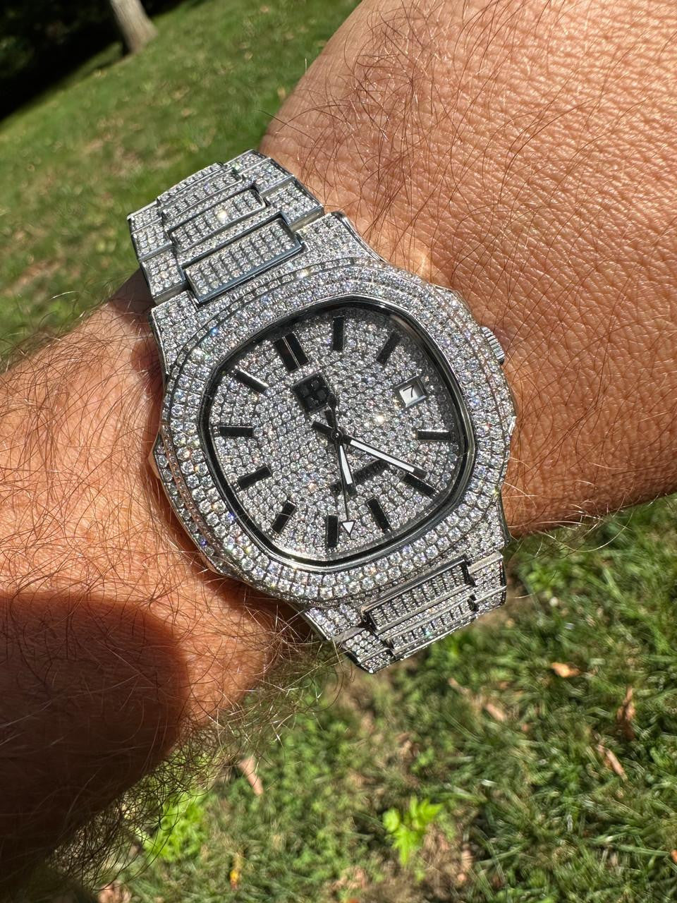 HarlemBling Real Mens Watch Fully Iced Blinged Stainless Steel Bust Down Out 41mm Hip Hop