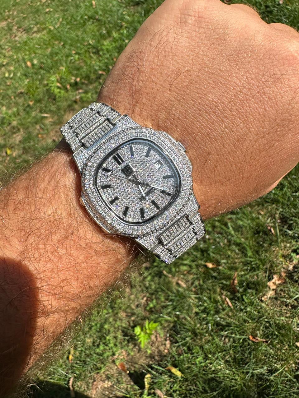 HarlemBling Real Mens Watch Fully Iced Blinged Stainless Steel Bust Down Out 41mm Hip Hop