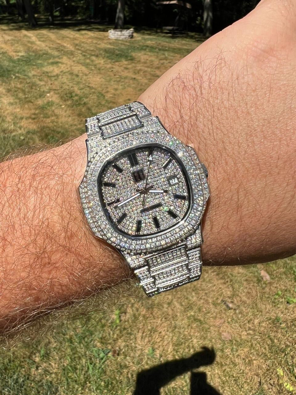 HarlemBling Real Mens Watch Fully Iced Blinged Stainless Steel Bust Down Out 41mm Hip Hop