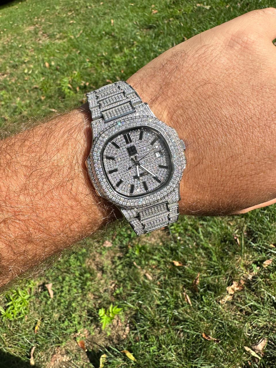 HarlemBling Real Mens Watch Fully Iced Blinged Stainless Steel Bust Down Out 41mm Hip Hop