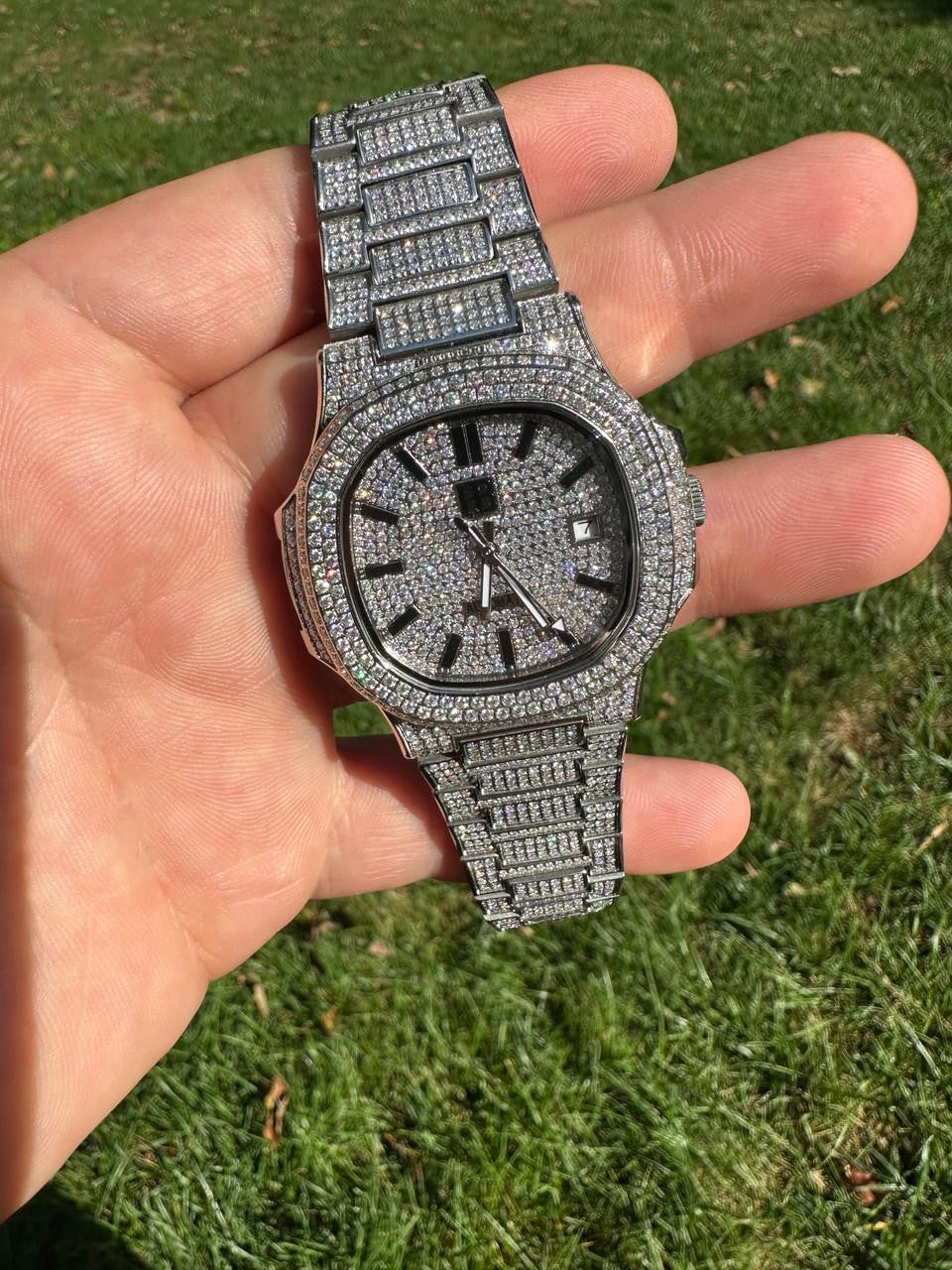 HarlemBling Real Mens Watch Fully Iced Blinged Stainless Steel Bust Down Out 41mm Hip Hop