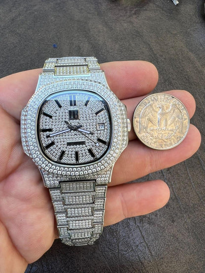 HarlemBling Real Mens Watch Fully Iced Blinged Stainless Steel Bust Down Out 41mm Hip Hop