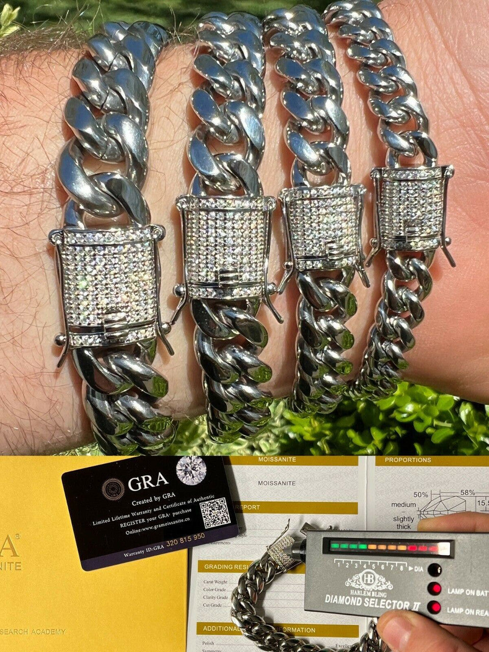 HarlemBling Real Miami Cuban Link Chain Bracelet Iced MOISSANITE Clasp Passes Diamond Tester