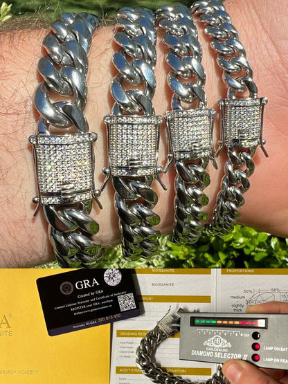 HarlemBling Real Miami Cuban Link Chain Bracelet Iced MOISSANITE Clasp Passes Diamond Tester