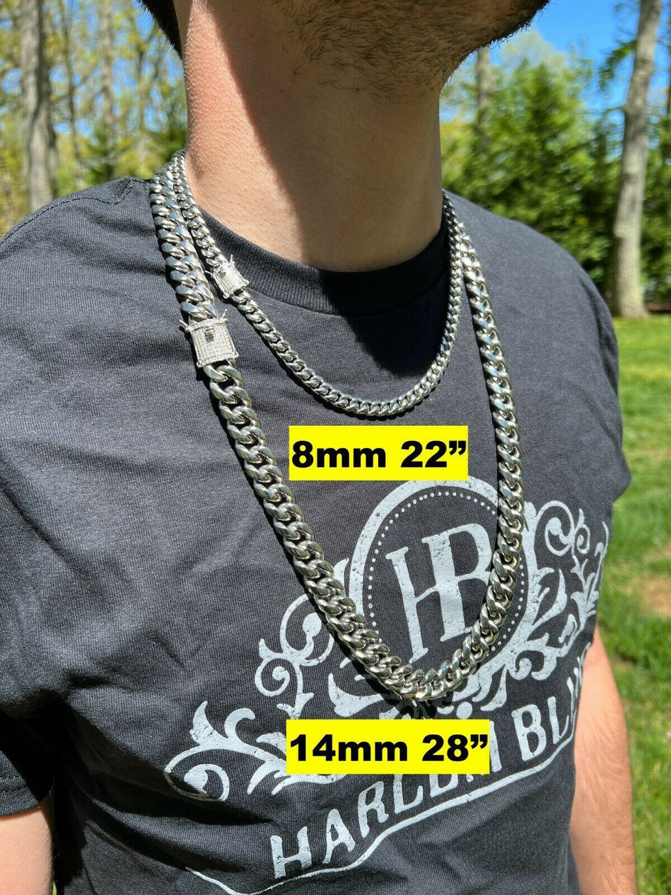 HarlemBling Real Miami Cuban Link Chain Necklace Bracelet Stainless Steel MOISSANITE Clasp