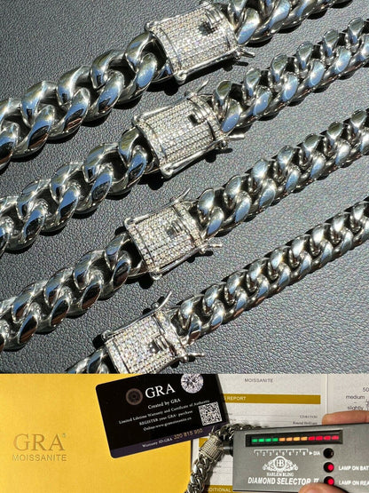 HarlemBling Real Miami Cuban Link Chain Necklace Bracelet Stainless Steel MOISSANITE Clasp