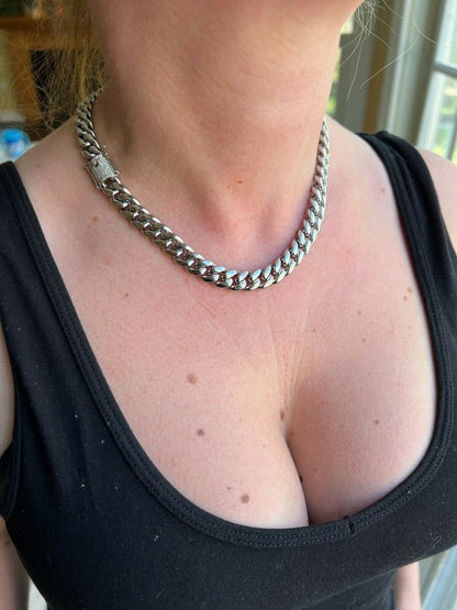 HarlemBling Real Miami Cuban Link Chain Necklace Bracelet Stainless Steel MOISSANITE Clasp