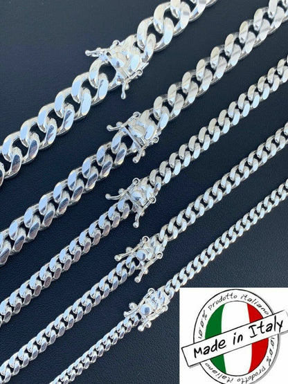 HarlemBling Real Miami Cuban Link Chain Or Bracelet Solid 925 Sterling Silver Box Lock ITALY