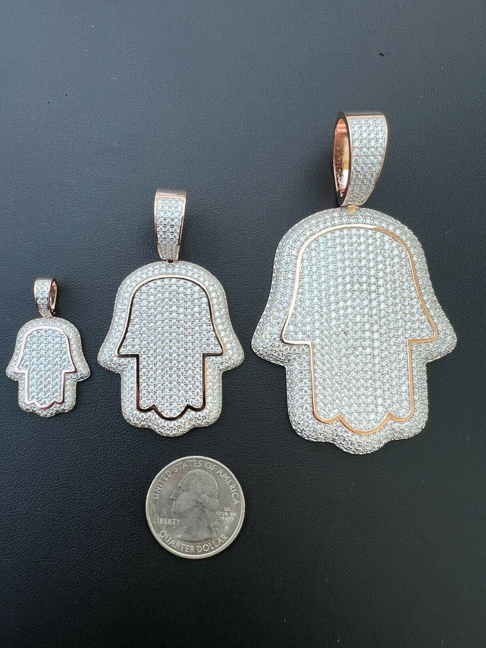HarlemBling Real MOISSANITE 14k Rose Gold Vermeil Hamsa Hand Iced Pendant Pass Diamond Test
