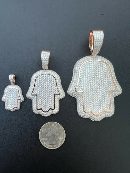 HarlemBling Real MOISSANITE 14k Rose Gold Vermeil Hamsa Hand Iced Pendant Pass Diamond Test