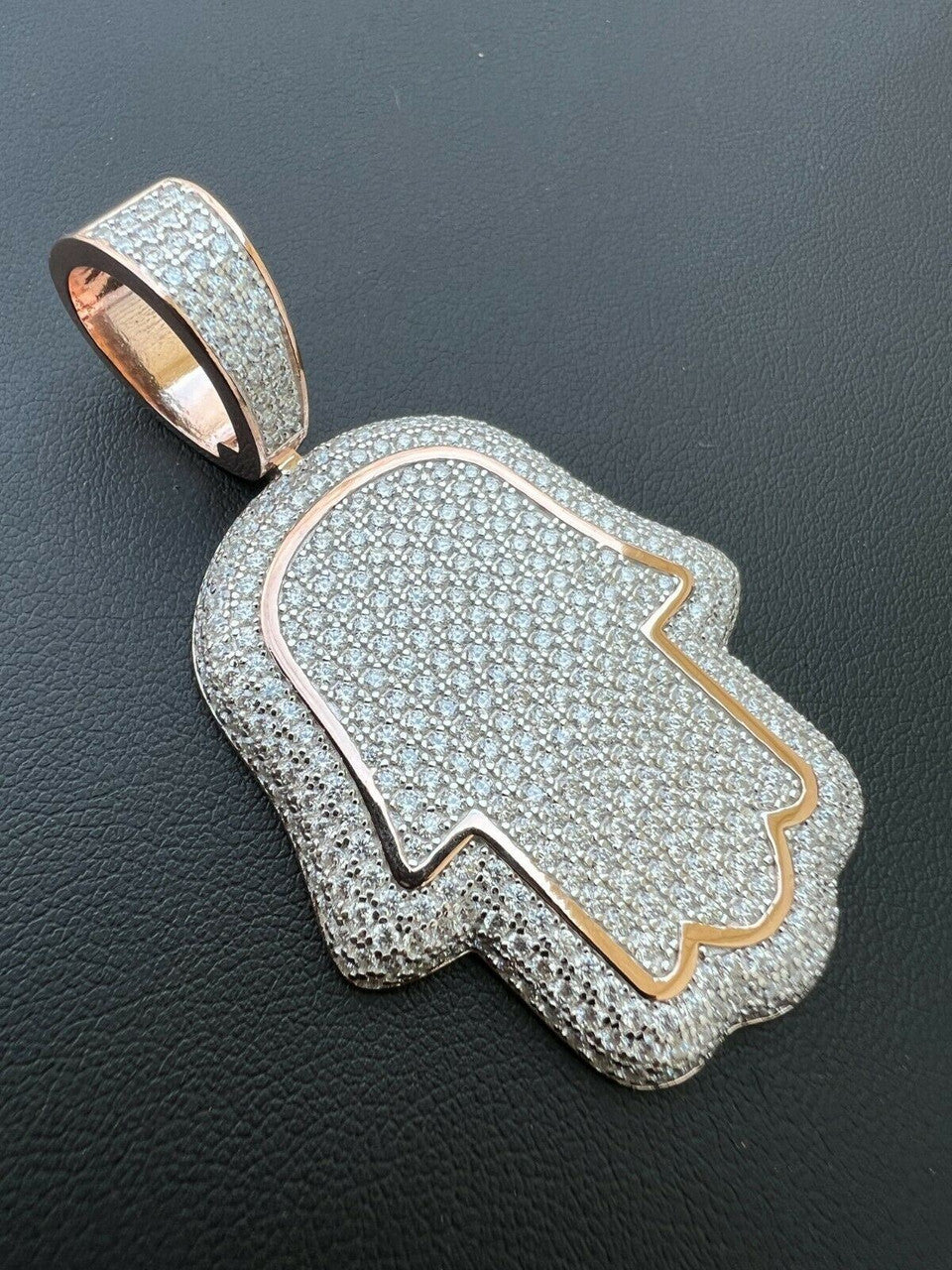 HarlemBling Real MOISSANITE 14k Rose Gold Vermeil Hamsa Hand Iced Pendant Pass Diamond Test
