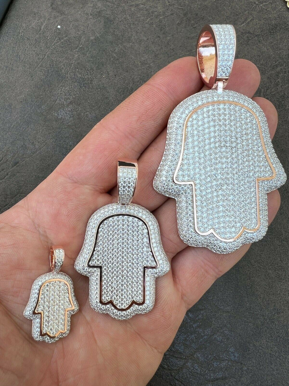 HarlemBling Real MOISSANITE 14k Rose Gold Vermeil Hamsa Hand Iced Pendant Pass Diamond Test